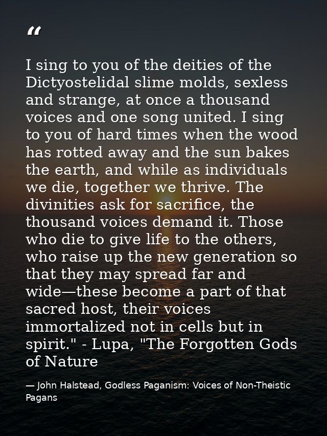 I sing to you of the deities of the Dictyostelidal slime molds, sexless and strange, at once a thousand voices and one s — John Halstead, Godless Paganism: Voices of Non-Theistic Pagans