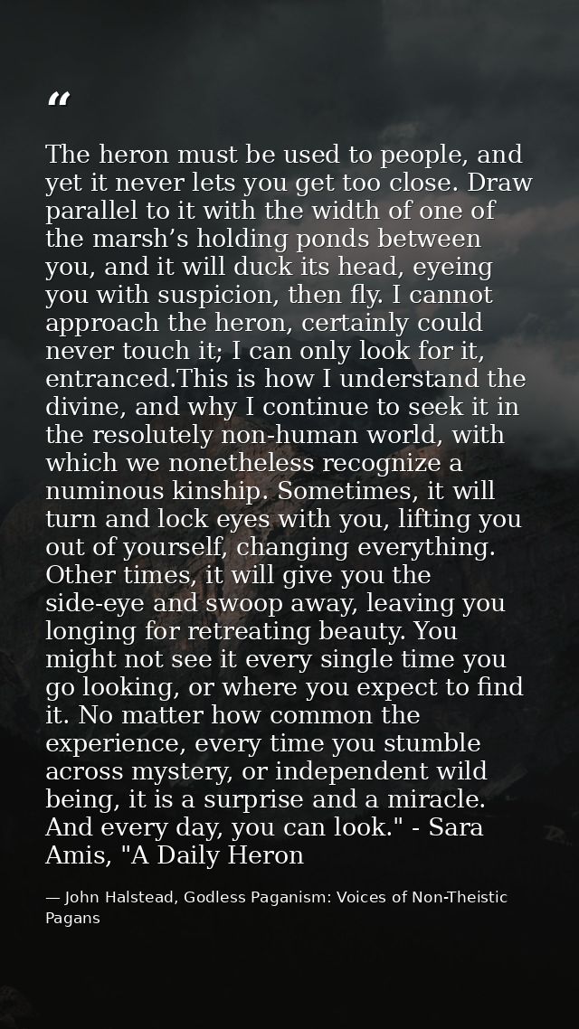 The heron must be used to people, and yet it never lets you get too close. Draw parallel to it with the width of one of  — John Halstead, Godless Paganism: Voices of Non-Theistic Pagans