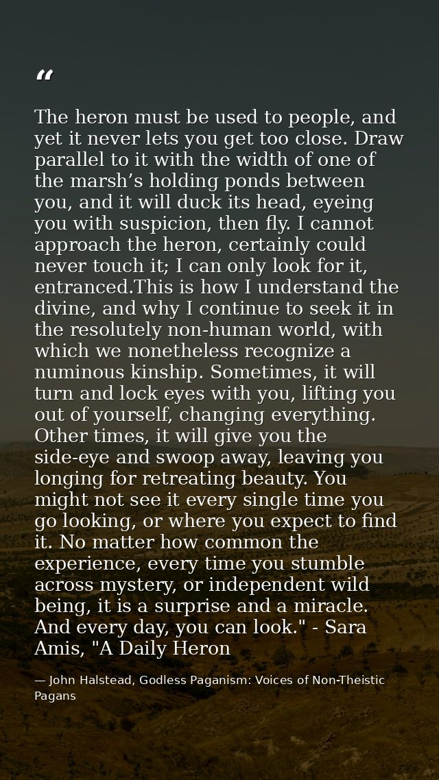 The heron must be used to people, and yet it never lets you get too close. Draw parallel to it with the width of one of  — John Halstead, Godless Paganism: Voices of Non-Theistic Pagans