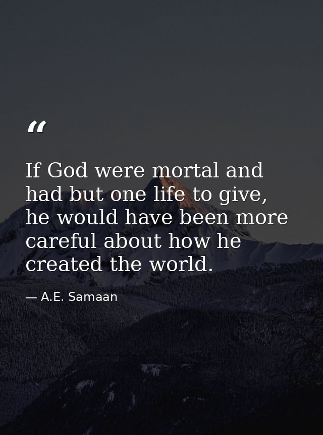 If God were mortal and had but one life to give, he would have been more careful about how he created the world. — A.E. Samaan