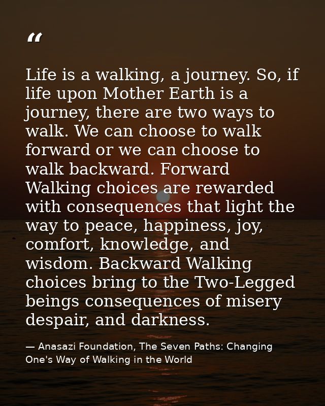 Life is a walking, a journey. So, if life upon Mother Earth is a journey, there are two ways to walk. We can choose to w — Anasazi Foundation, The Seven Paths: Changing One's Way of Walking in the World