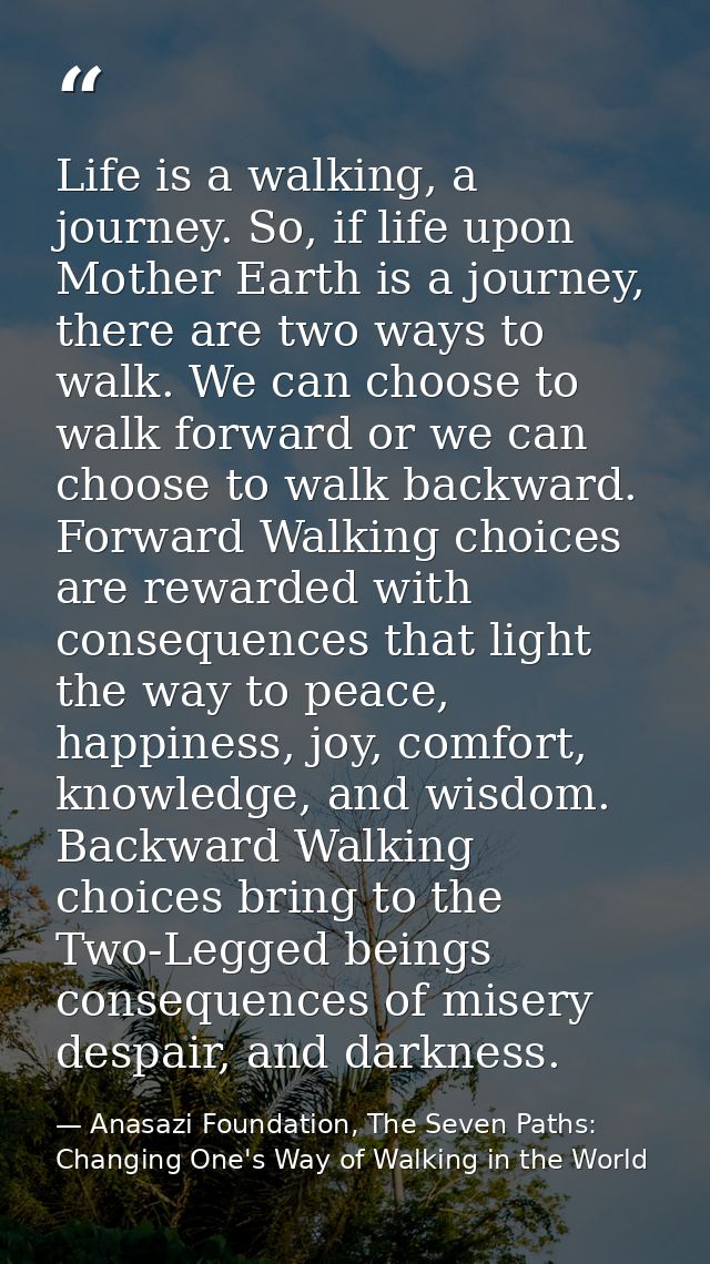 Life is a walking, a journey. So, if life upon Mother Earth is a journey, there are two ways to walk. We can choose to w — Anasazi Foundation, The Seven Paths: Changing One's Way of Walking in the World