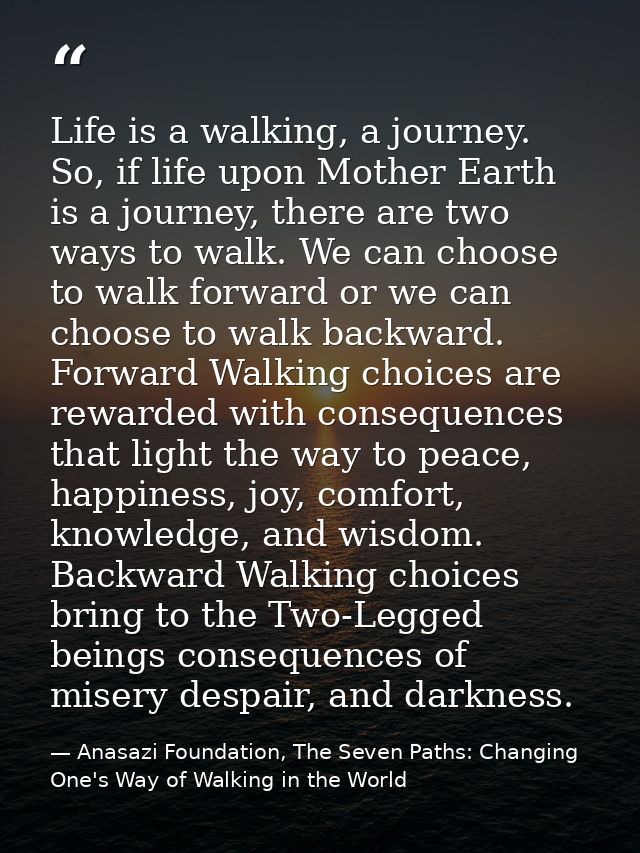 Life is a walking, a journey. So, if life upon Mother Earth is a journey, there are two ways to walk. We can choose to w — Anasazi Foundation, The Seven Paths: Changing One's Way of Walking in the World