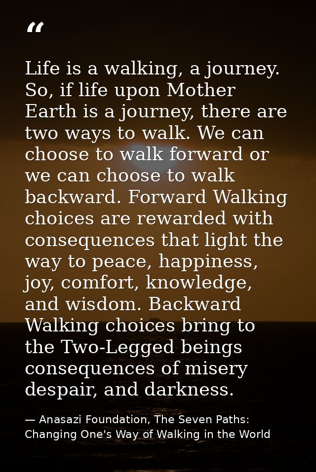 Life is a walking, a journey. So, if life upon Mother Earth is a journey, there are two ways to walk. We can choose to w — Anasazi Foundation, The Seven Paths: Changing One's Way of Walking in the World