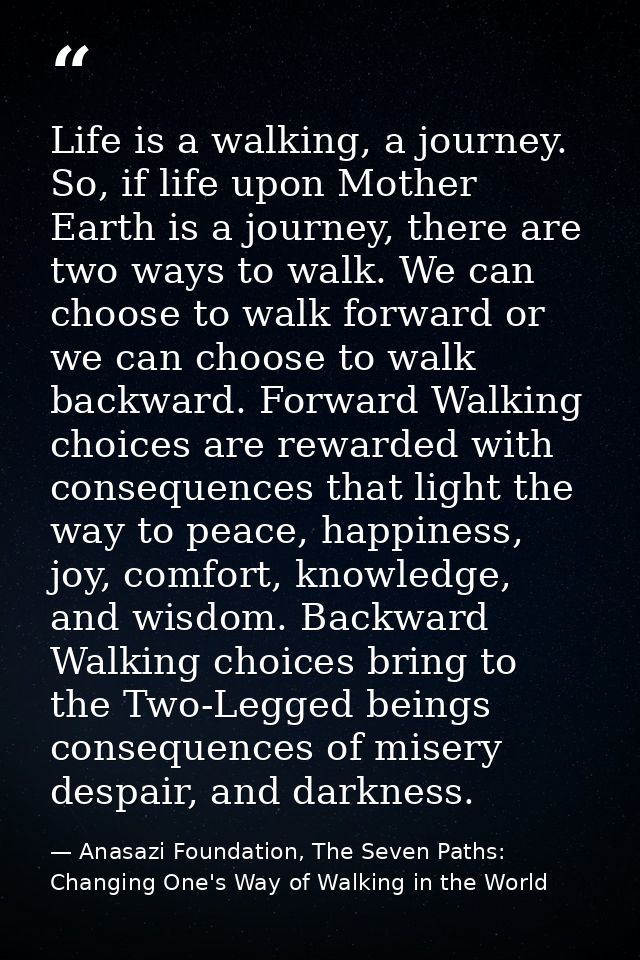 Life is a walking, a journey. So, if life upon Mother Earth is a journey, there are two ways to walk. We can choose to w — Anasazi Foundation, The Seven Paths: Changing One's Way of Walking in the World