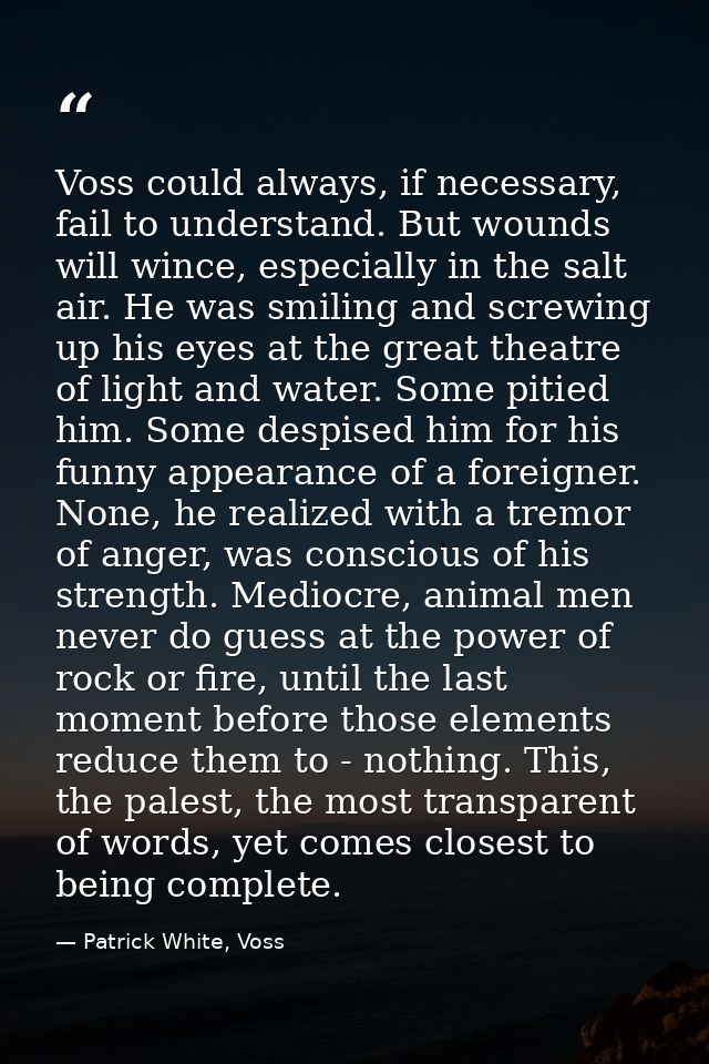 Voss could always, if necessary, fail to understand. But wounds will wince, especially in the salt air. He was smiling a — Patrick White, Voss