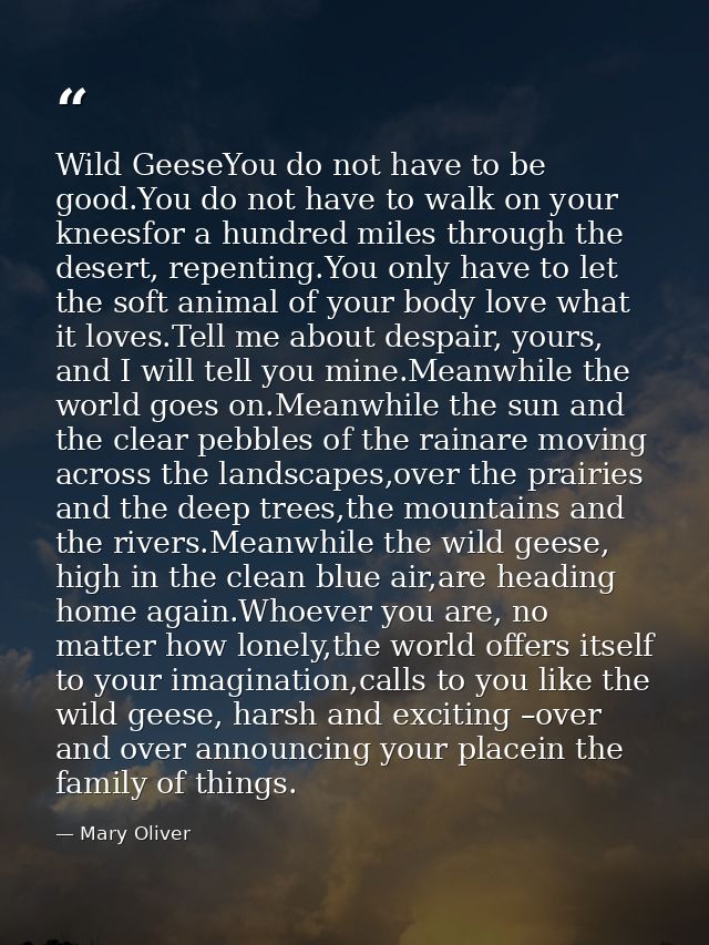 Wild GeeseYou do not have to be good.You do not have to walk on your kneesfor a hundred miles through the desert, repent — Mary Oliver
