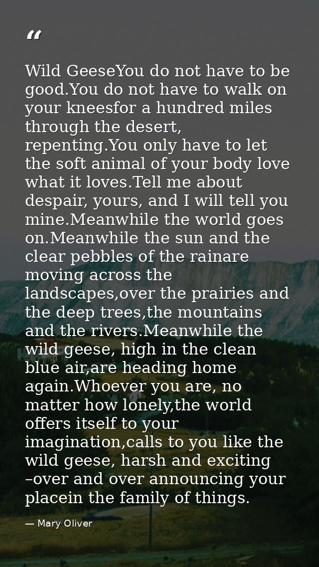 Wild GeeseYou do not have to be good.You do not have to walk on your kneesfor a hundred miles through the desert, repent — Mary Oliver