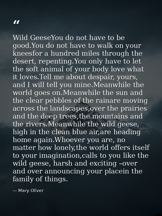Wild GeeseYou do not have to be good.You do not have to walk on your kneesfor a hundred miles through the desert, repent — Mary Oliver