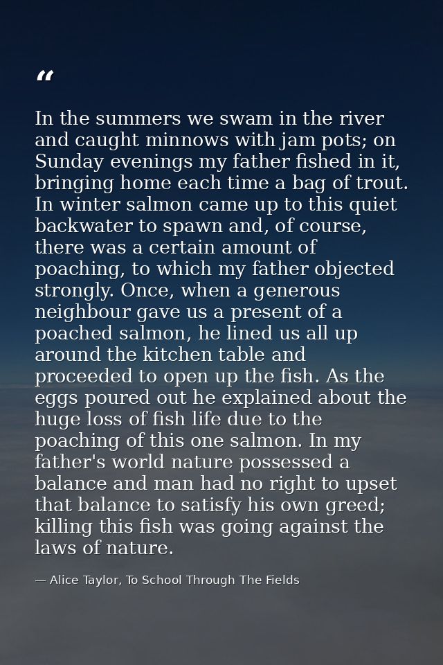 In the summers we swam in the river and caught minnows with jam pots; on Sunday evenings my father fished in it, bringin — Alice Taylor, To School Through The Fields