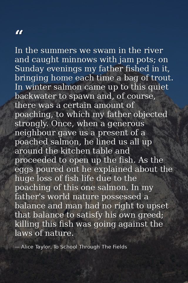 In the summers we swam in the river and caught minnows with jam pots; on Sunday evenings my father fished in it, bringin — Alice Taylor, To School Through The Fields