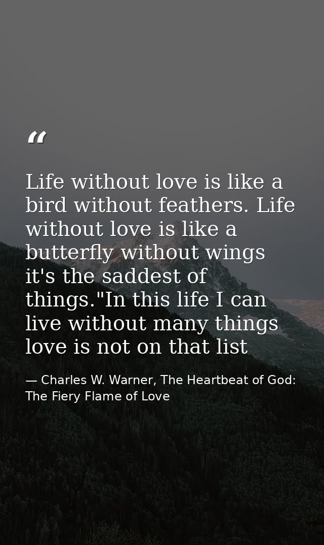 Life without love is like a bird without feathers. Life without love is like a butterfly without wings it's the saddest  — Charles W. Warner, The Heartbeat of God: The Fiery Flame of Love
