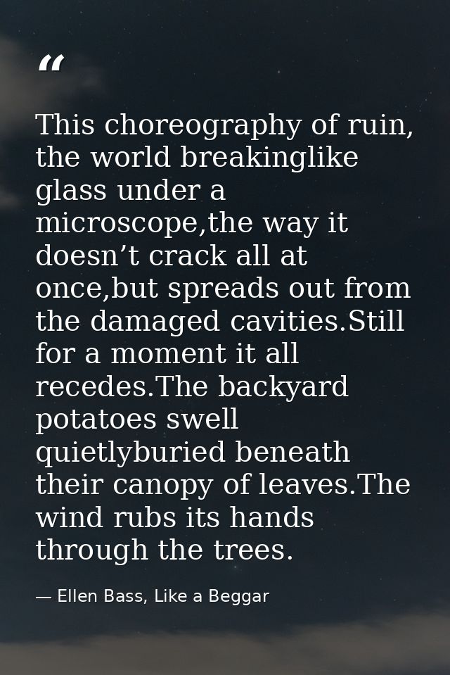 This choreography of ruin, the world breakinglike glass under a microscope,the way it doesn’t crack all at once,but spre — Ellen Bass, Like a Beggar