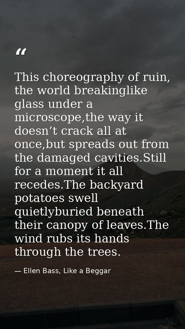 This choreography of ruin, the world breakinglike glass under a microscope,the way it doesn’t crack all at once,but spre — Ellen Bass, Like a Beggar