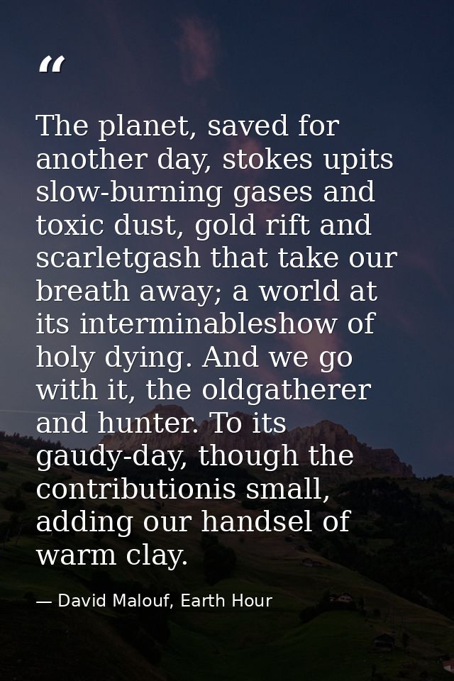 The planet, saved for another day, stokes upits slow-burning gases and toxic dust, gold rift and scarletgash that take o — David Malouf, Earth Hour