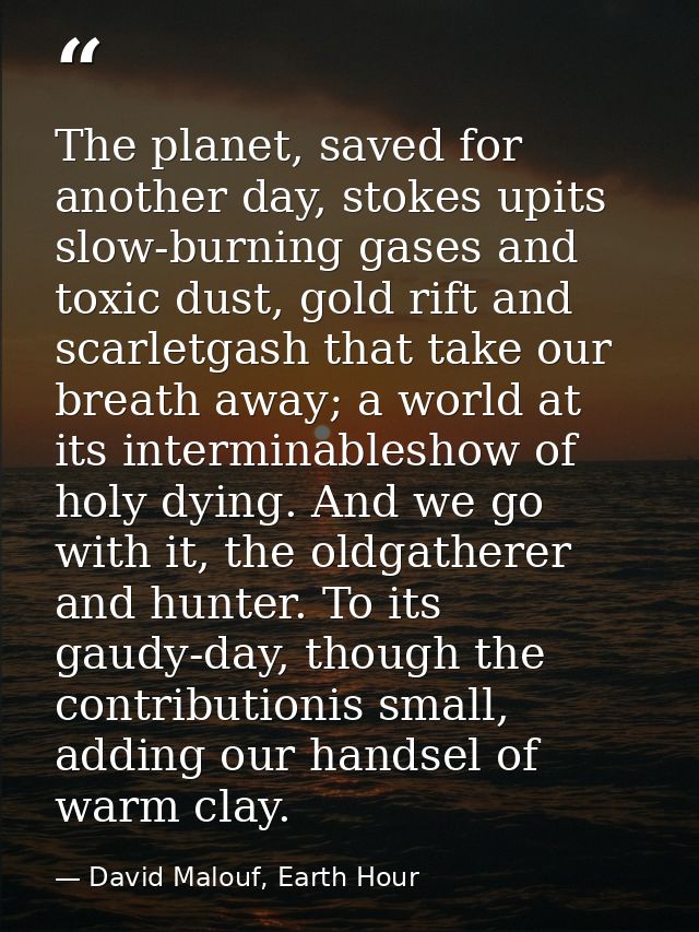 The planet, saved for another day, stokes upits slow-burning gases and toxic dust, gold rift and scarletgash that take o — David Malouf, Earth Hour