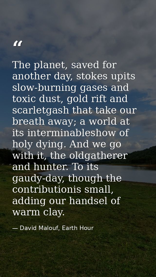 The planet, saved for another day, stokes upits slow-burning gases and toxic dust, gold rift and scarletgash that take o — David Malouf, Earth Hour