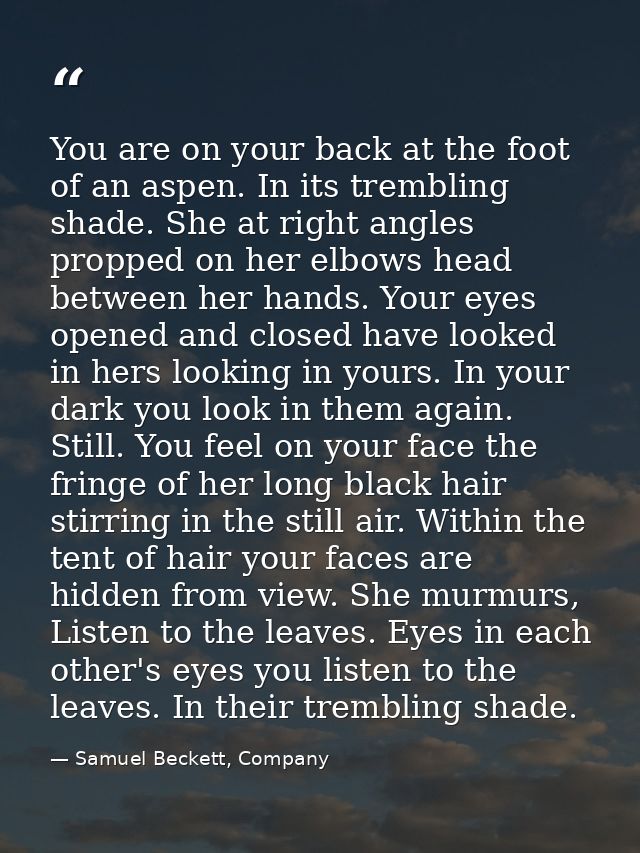 You are on your back at the foot of an aspen. In its trembling shade. She at right angles propped on her elbows head bet — Samuel Beckett, Company