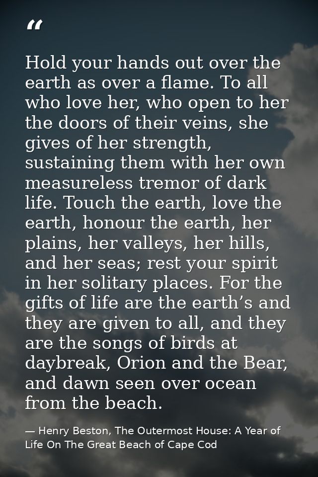 Hold your hands out over the earth as over a flame. To all who love her, who open to her the doors of their veins, she g — Henry Beston, The Outermost House: A Year of Life On The Great Beach of Cape Cod