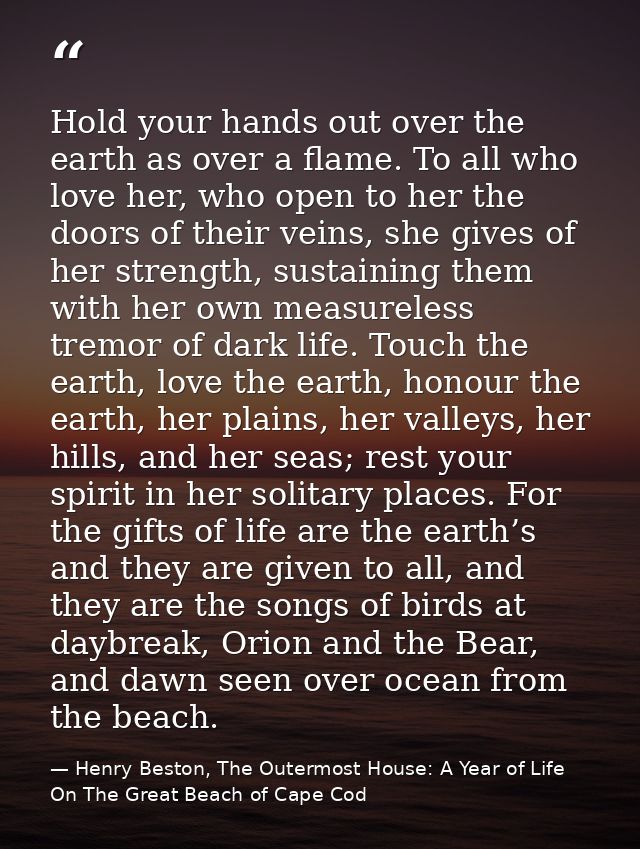 Hold your hands out over the earth as over a flame. To all who love her, who open to her the doors of their veins, she g — Henry Beston, The Outermost House: A Year of Life On The Great Beach of Cape Cod