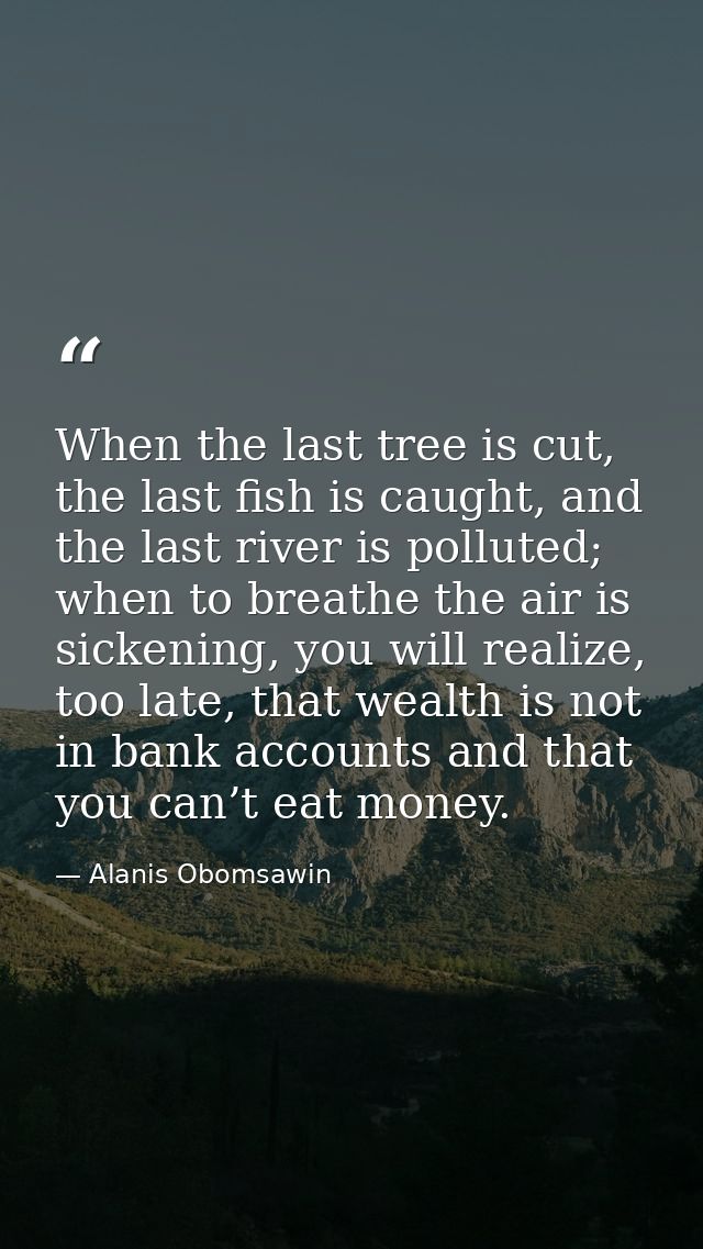 When the last tree is cut, the last fish is caught, and the last river is polluted; when to breathe the air is sickening — Alanis Obomsawin