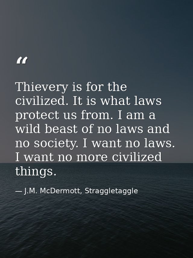Thievery is for the civilized. It is what laws protect us from. I am a wild beast of no laws and no society. I want no l — J.M. McDermott, Straggletaggle