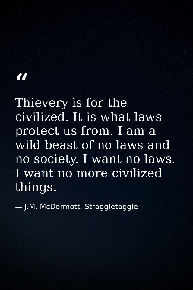 Thievery is for the civilized. It is what laws protect us from. I am a wild beast of no laws and no society. I want no l — J.M. McDermott, Straggletaggle