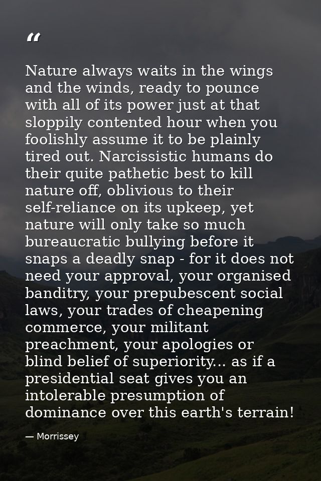 Nature always waits in the wings and the winds, ready to pounce with all of its power just at that sloppily contented ho — Morrissey
