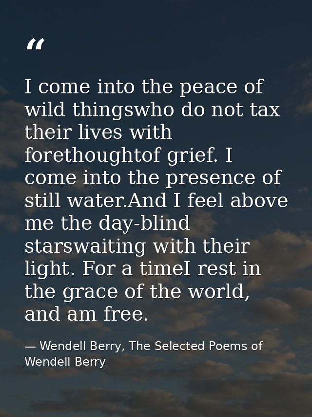 I come into the peace of wild thingswho do not tax their lives with forethoughtof grief. I come into the presence of sti — Wendell Berry, The Selected Poems of Wendell Berry