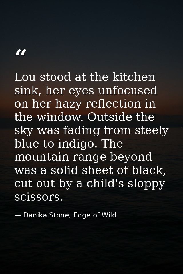 Lou stood at the kitchen sink, her eyes unfocused on her hazy reflection in the window. Outside the sky was fading from  — Danika Stone, Edge of Wild
