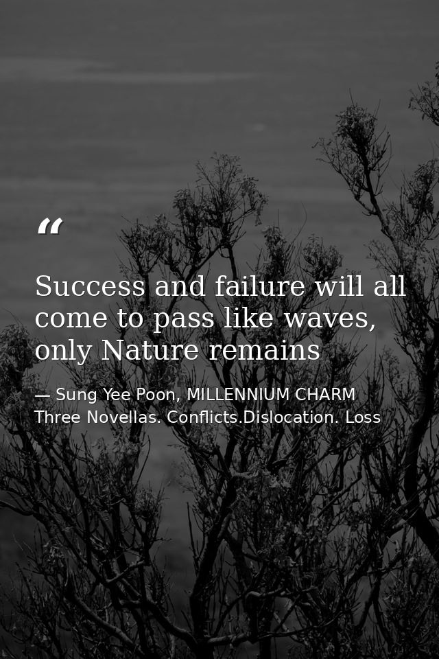 Success and failure will all come to pass like waves, only Nature remains — Sung Yee Poon, MILLENNIUM CHARM Three Novellas. Conflicts.Dislocation. Loss