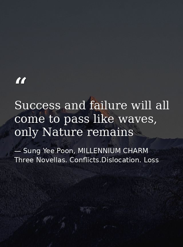 Success and failure will all come to pass like waves, only Nature remains — Sung Yee Poon, MILLENNIUM CHARM Three Novellas. Conflicts.Dislocation. Loss
