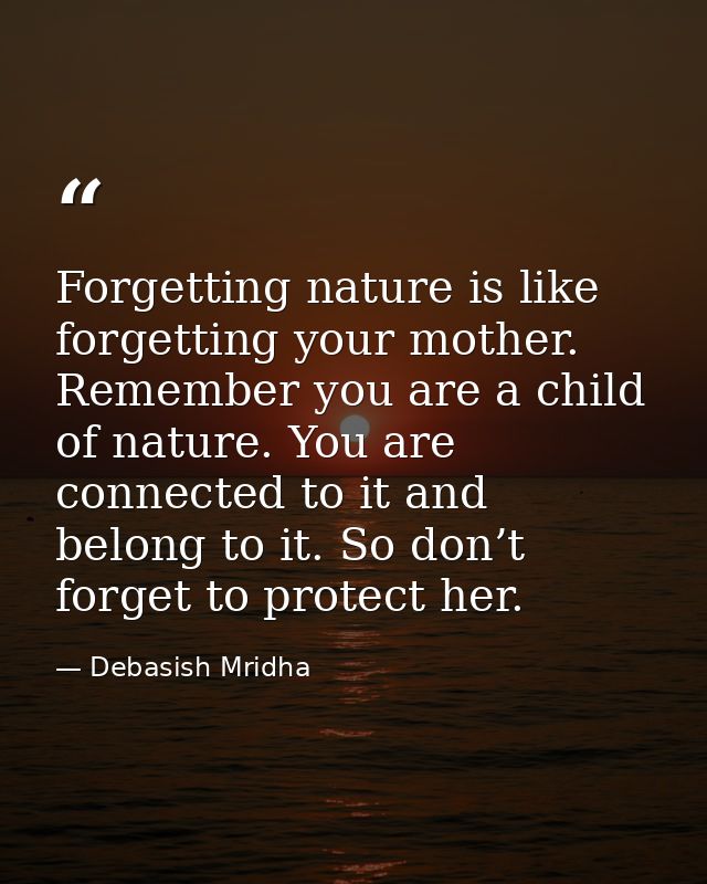 Forgetting nature is like forgetting your mother. Remember you are a child of nature. You are connected to it and belong — Debasish Mridha