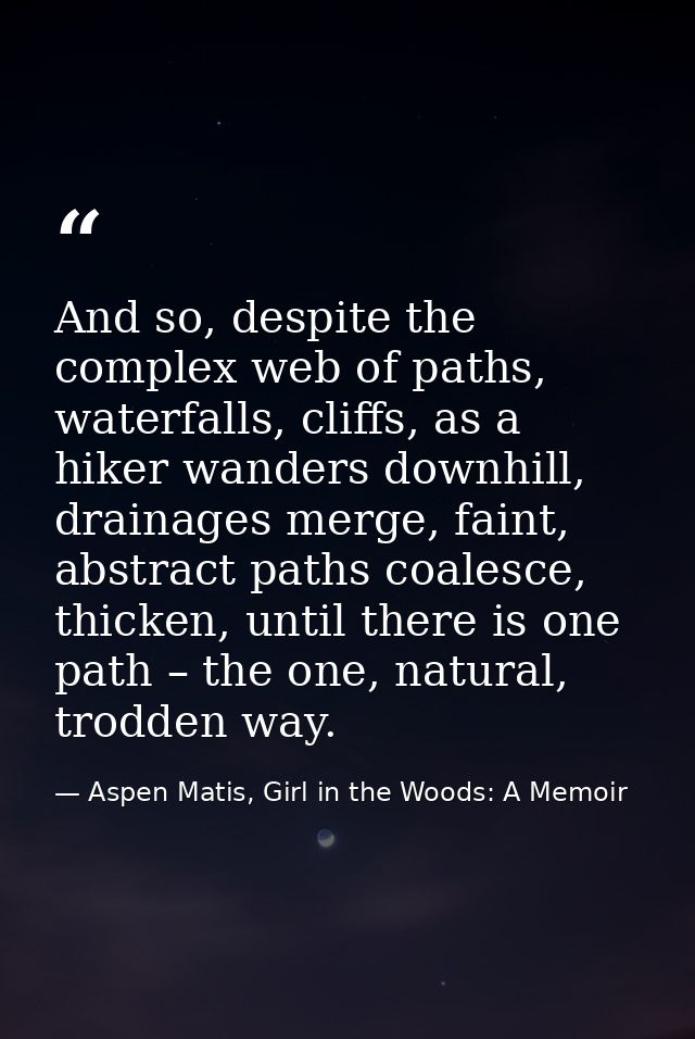 And so, despite the complex web of paths, waterfalls, cliffs, as a hiker wanders downhill, drainages merge, faint, abstr — Aspen Matis, Girl in the Woods: A Memoir