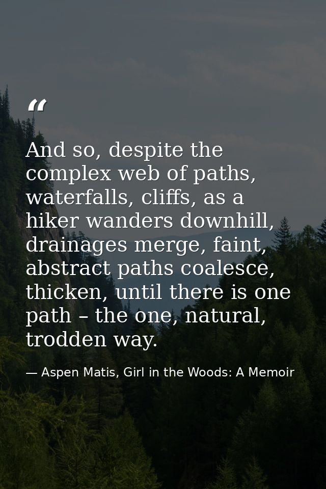 And so, despite the complex web of paths, waterfalls, cliffs, as a hiker wanders downhill, drainages merge, faint, abstr — Aspen Matis, Girl in the Woods: A Memoir