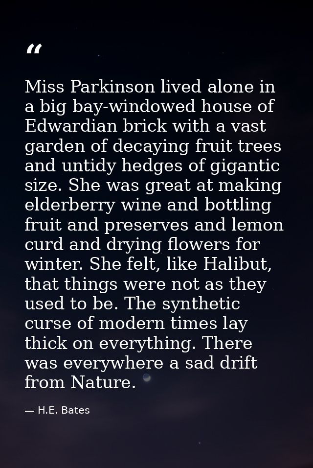 Miss Parkinson lived alone in a big bay-windowed house of Edwardian brick with a vast garden of decaying fruit trees and — H.E. Bates