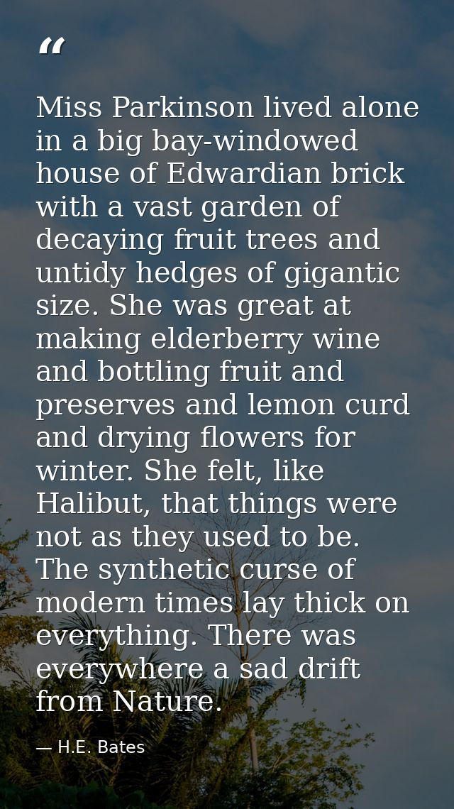 Miss Parkinson lived alone in a big bay-windowed house of Edwardian brick with a vast garden of decaying fruit trees and — H.E. Bates
