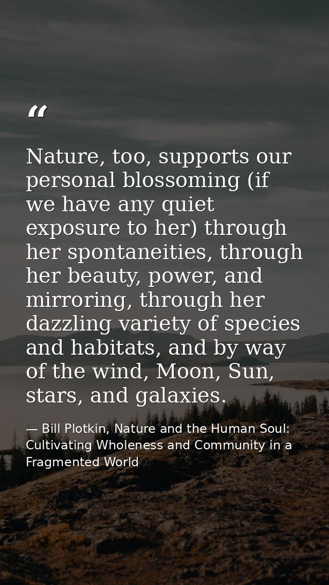Nature, too, supports our personal blossoming (if we have any quiet exposure to her) through her spontaneities, through  — Bill Plotkin, Nature and the Human Soul: Cultivating Wholeness and Community in a Fragmented World
