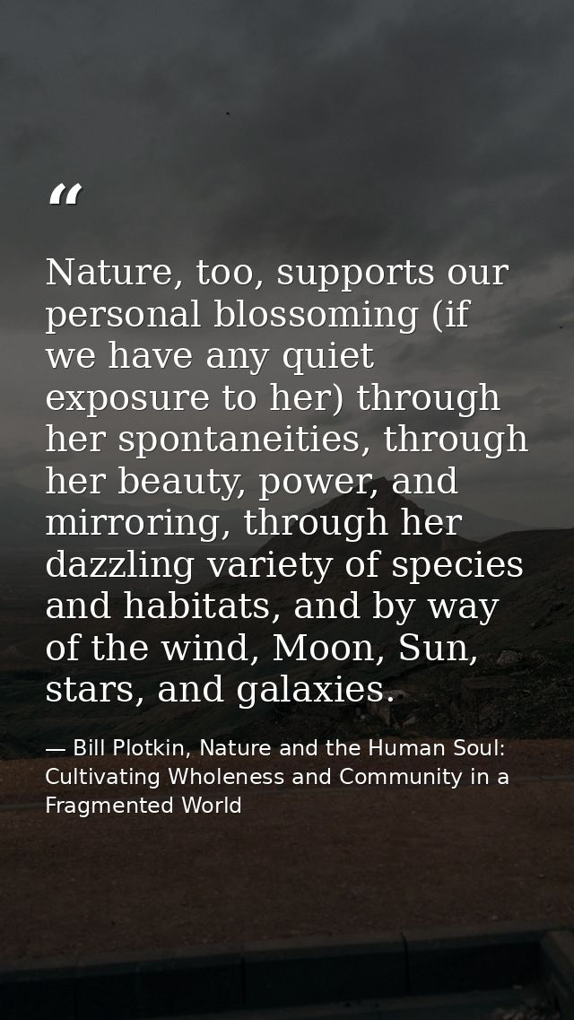 Nature, too, supports our personal blossoming (if we have any quiet exposure to her) through her spontaneities, through  — Bill Plotkin, Nature and the Human Soul: Cultivating Wholeness and Community in a Fragmented World