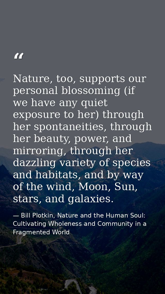 Nature, too, supports our personal blossoming (if we have any quiet exposure to her) through her spontaneities, through  — Bill Plotkin, Nature and the Human Soul: Cultivating Wholeness and Community in a Fragmented World