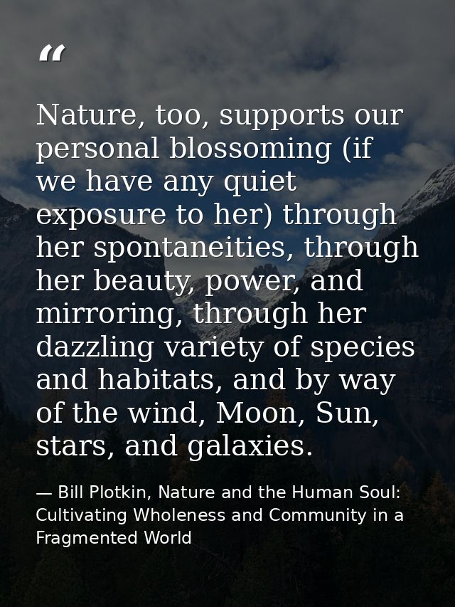 Nature, too, supports our personal blossoming (if we have any quiet exposure to her) through her spontaneities, through  — Bill Plotkin, Nature and the Human Soul: Cultivating Wholeness and Community in a Fragmented World
