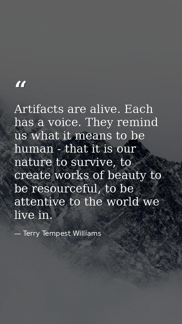 Artifacts are alive. Each has a voice. They remind us what it means to be human - that it is our nature to survive, to c — Terry Tempest Williams