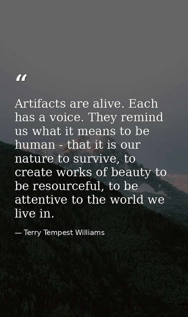 Artifacts are alive. Each has a voice. They remind us what it means to be human - that it is our nature to survive, to c — Terry Tempest Williams