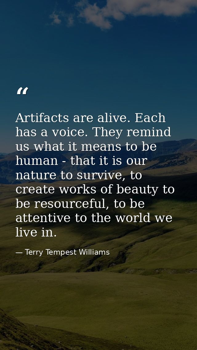 Artifacts are alive. Each has a voice. They remind us what it means to be human - that it is our nature to survive, to c — Terry Tempest Williams