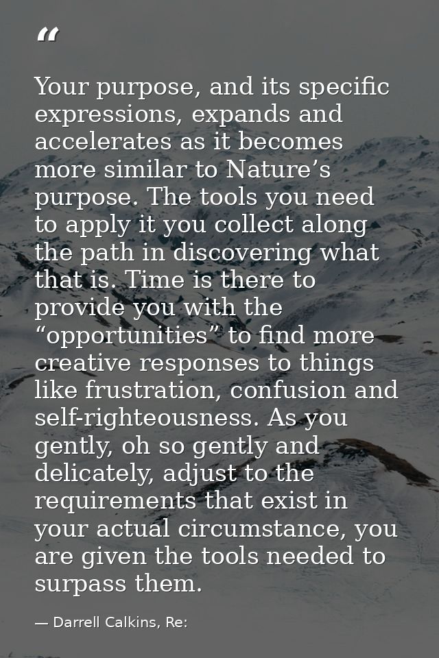 Your purpose, and its specific expressions, expands and accelerates as it becomes more similar to Nature’s purpose. The  — Darrell Calkins, Re: