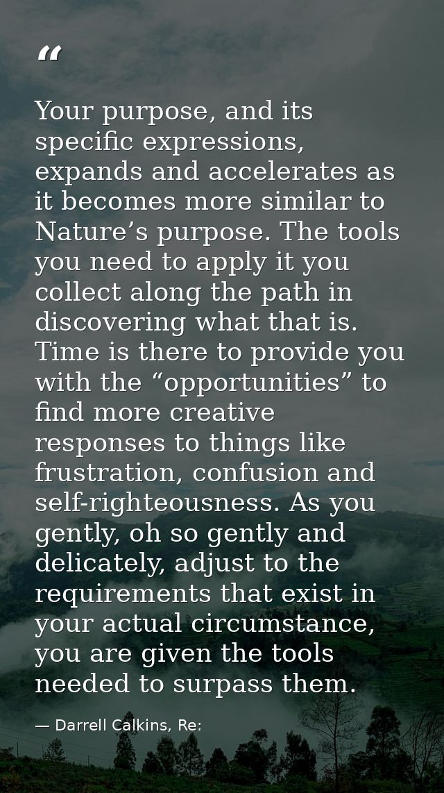 Your purpose, and its specific expressions, expands and accelerates as it becomes more similar to Nature’s purpose. The  — Darrell Calkins, Re: