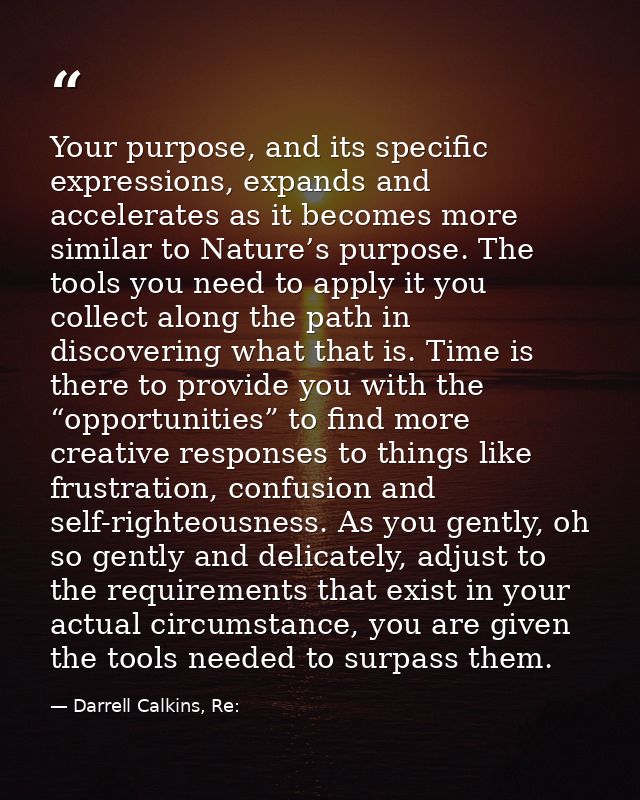 Your purpose, and its specific expressions, expands and accelerates as it becomes more similar to Nature’s purpose. The  — Darrell Calkins, Re: