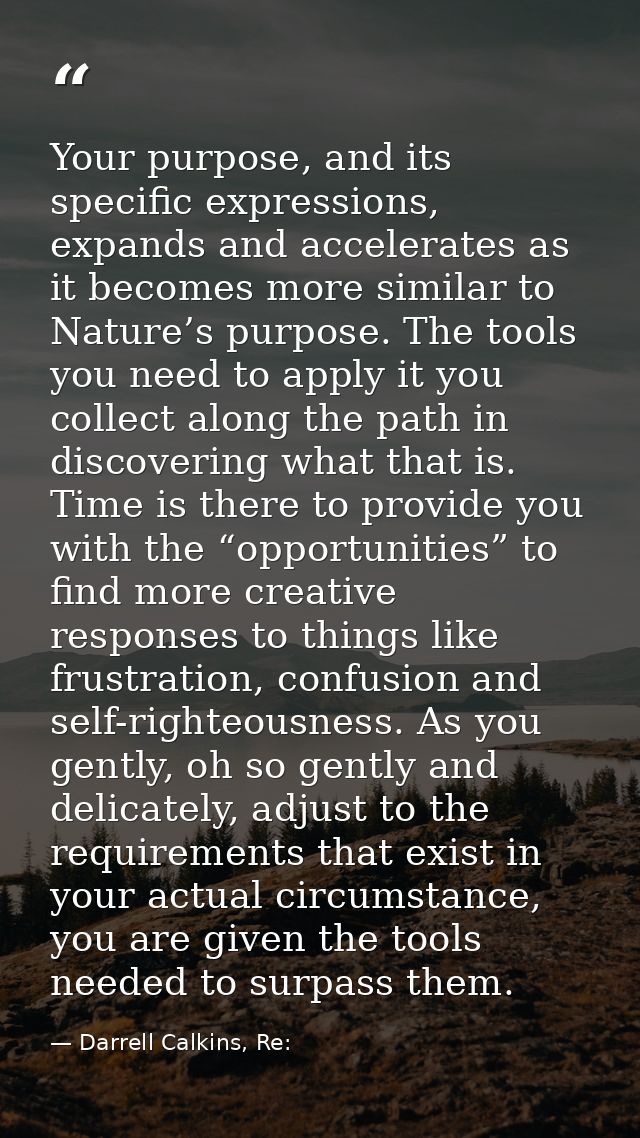 Your purpose, and its specific expressions, expands and accelerates as it becomes more similar to Nature’s purpose. The  — Darrell Calkins, Re: