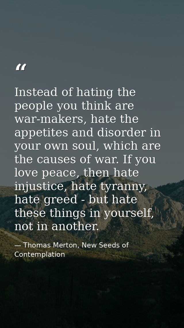 Instead of hating the people you think are war-makers, hate the appetites and disorder in your own soul, which are the c — Thomas Merton, New Seeds of Contemplation