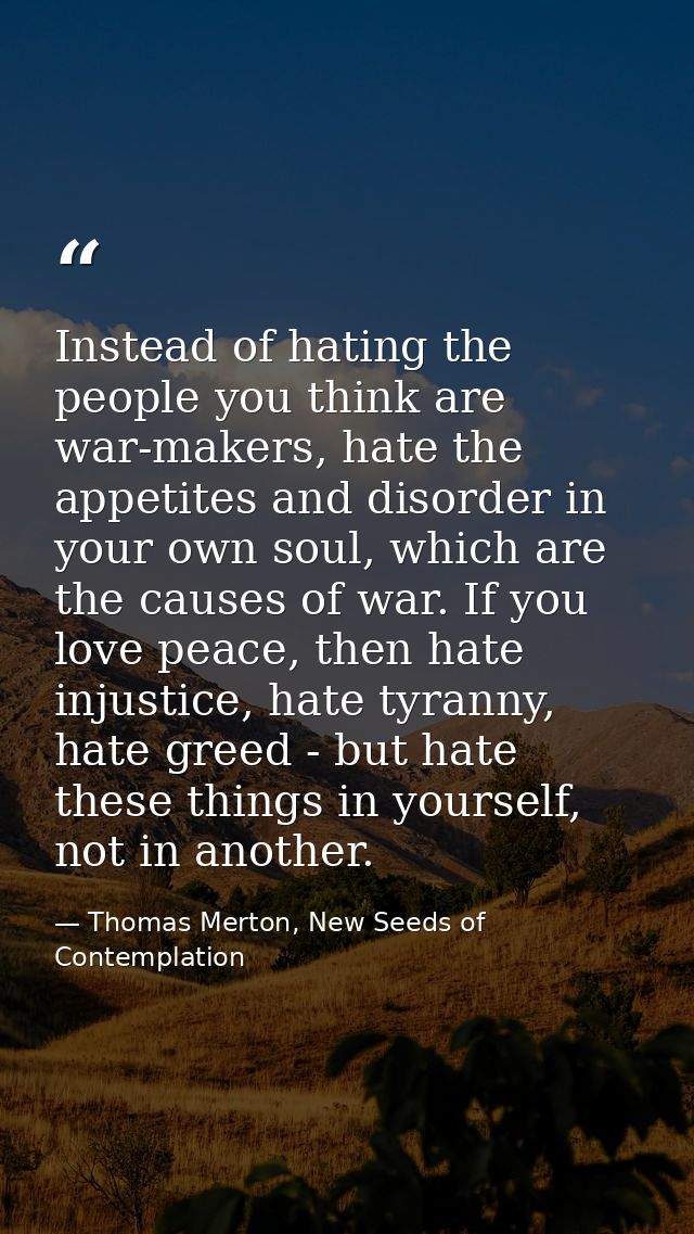 Instead of hating the people you think are war-makers, hate the appetites and disorder in your own soul, which are the c — Thomas Merton, New Seeds of Contemplation